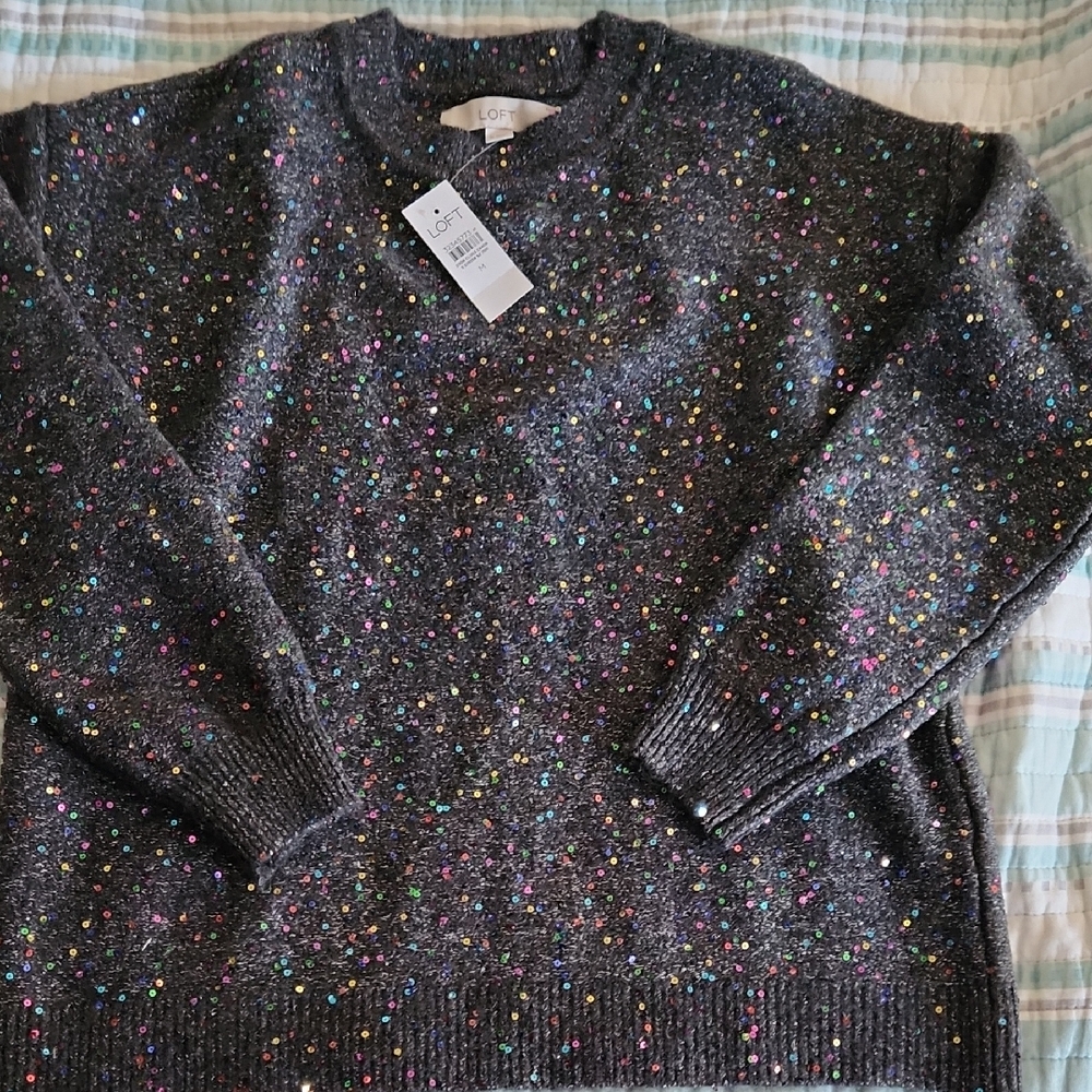 LOFT Gray Sweater with Multicolor Sequins
